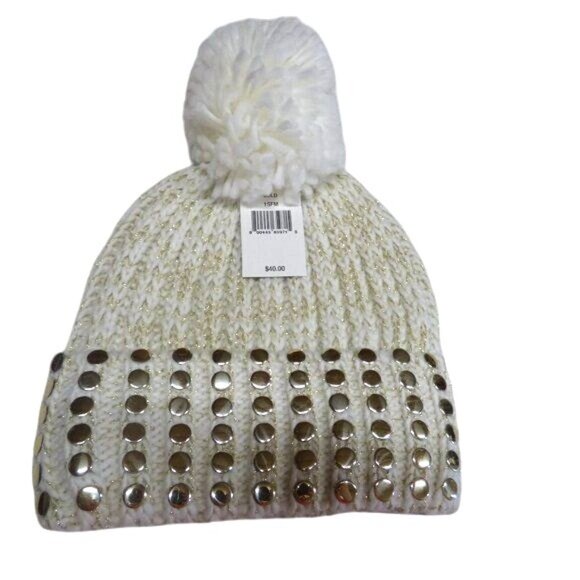DKNY Flat-Stud Metallic Rib-Knit Beanie Ivory/Gold - Picture 2 of 4